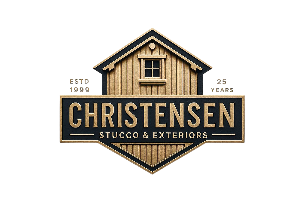 High-contrast gold and black Christensen Stucco & Exteriors logo. A house-shaped shield with a 25-year legacy mark and "ESTD 1999" text, representing artisan home restoration in Utah.