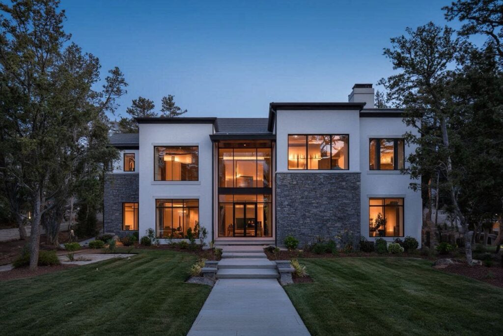 Luxury modern mountain estate in Park City, UT featuring master-grade white stucco, stone veneer, and high-performance Pella windows by Christensen Exteriors.