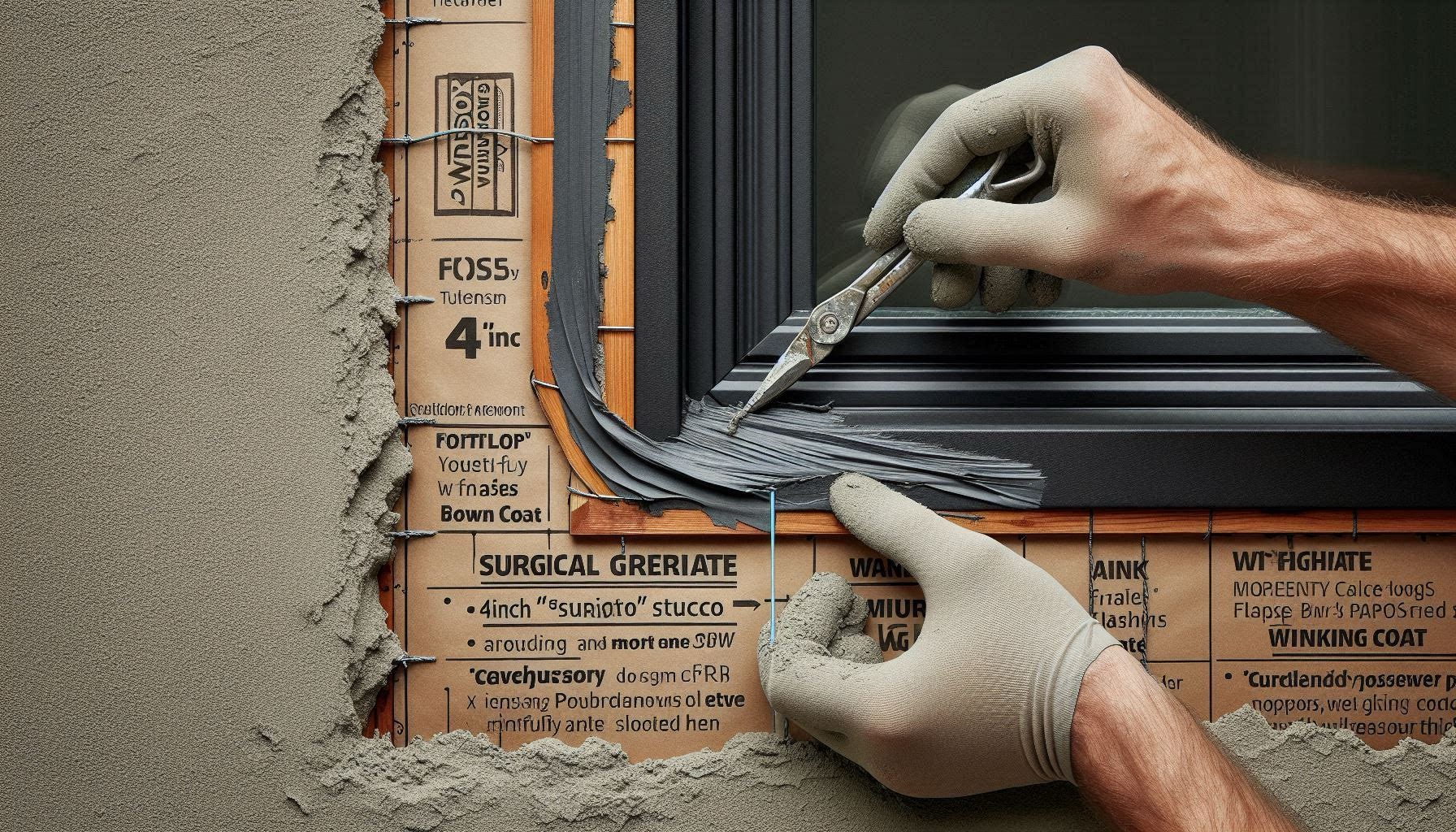 Technical close-up showing a forensic 'surgical' cut-back of modern stucco around a new Andersen window. Chiseled stucco reveals intact double-ply building paper (WRB) carefully folded back and integrated with branded Fortiflash and Moistop flashing tape. Wire lath is partially applied, preparing for the brown coat. A master craftsman’s hand ensures a perfect seal.