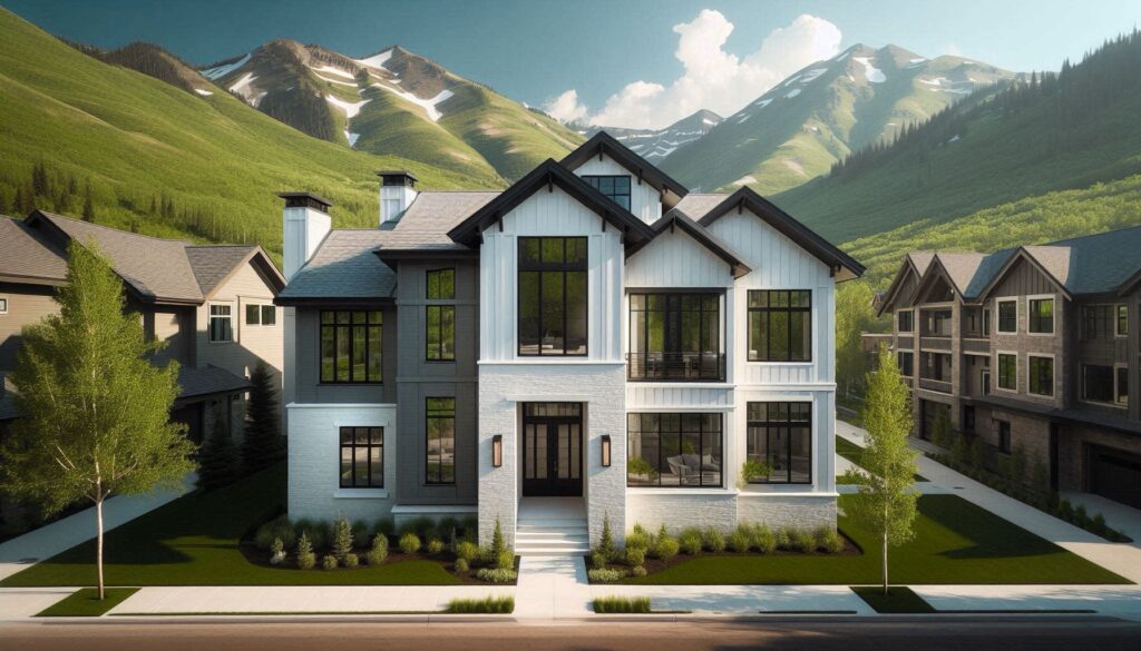 Photorealistic hero image of a new construction home in Park City, UT, showcasing flawless smooth white stucco, stone veneer, black windows, and James Hardie siding installation by Christensen Stucco & Exteriors. Mountains under a summer sky in the background, demonstrating our 50-Year Legacy.