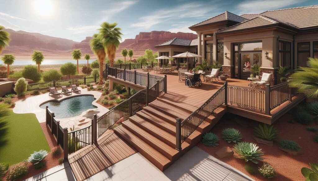 A vibrant, sun-drenched Trex deck in St. George, UT. The deck features smooth Havana Gold boards, integrated wheelchair ramps, and sturdy black railings. In the background, the red rocks of Southern Utah glow under a blue sky, representing a safe, accessible outdoor sanctuary.
