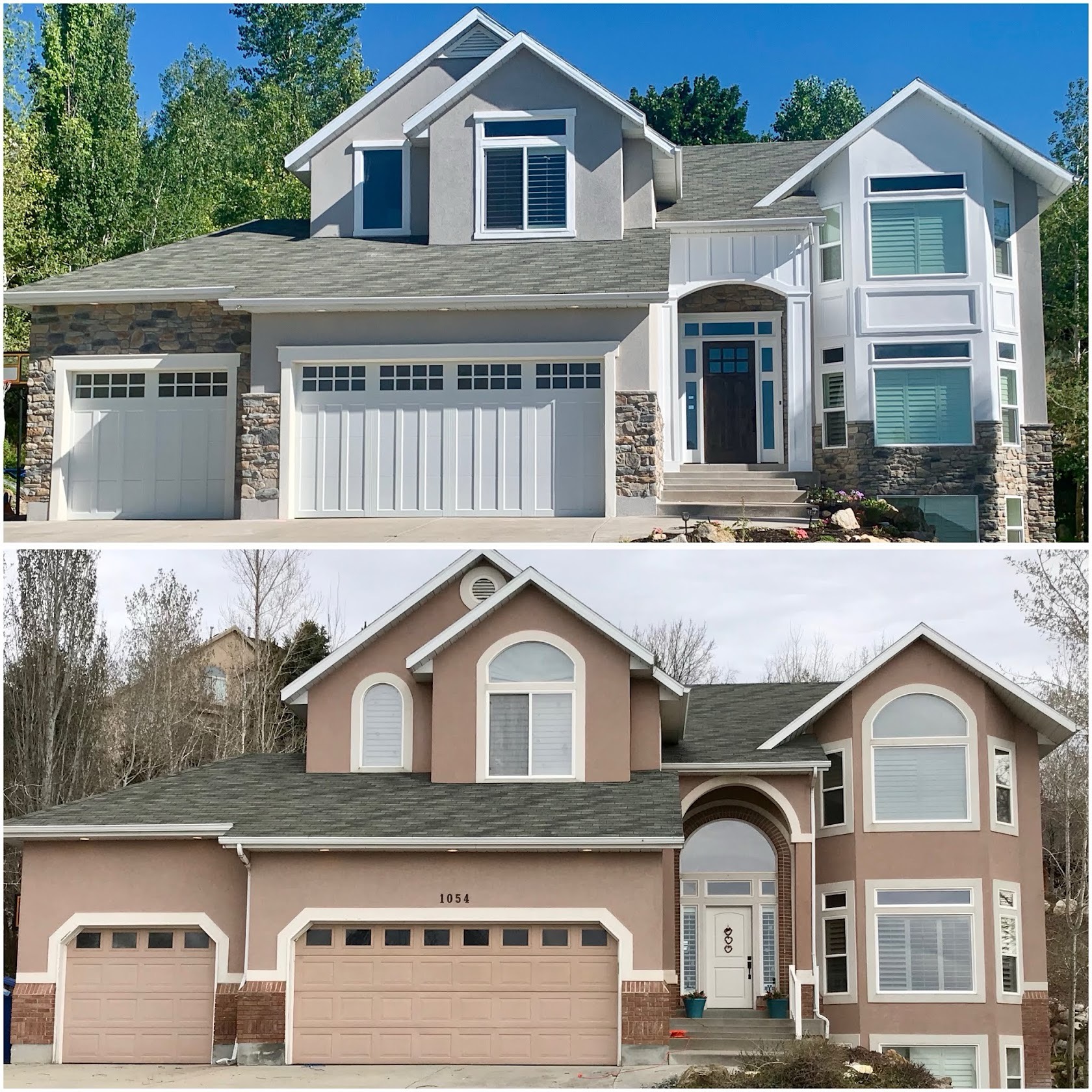 Before and after of a luxury exterior home remodel in North Salt Lake City, Utah, featuring master-grade white stucco and modern dark window integration by Christensen Exteriors.