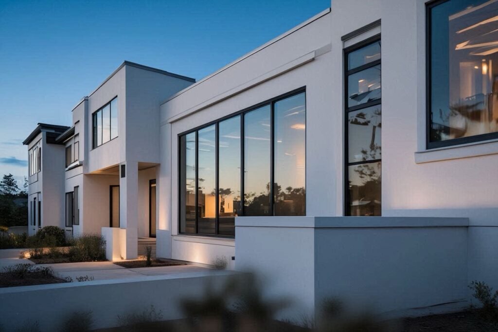 Surgically clean integration of black Pella windows and smooth white stucco on a luxury Utah home by Christensen Exteriors.