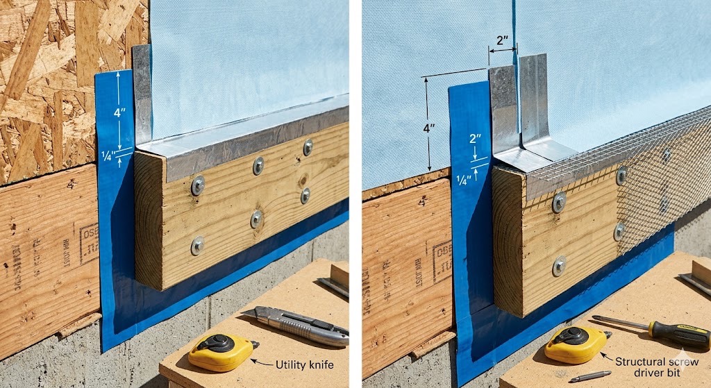 Professional technical diagram of a deck ledger board installation for a mountain home in Heber City, Utah, showing multi-layered flashing, Z-metal, and stucco lath for high-altitude moisture protection.