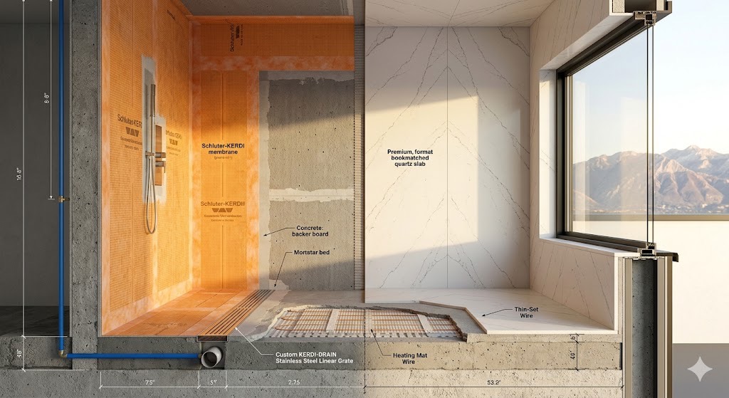 Surgical bathroom remodeling in Draper, UT 84020 by Christensen Stucco & Exteriors. Technical cross-section showing orange Schluter-KERDI waterproofing, heating mat installation, and luxury Pella window integration in a master-grade spa suite.