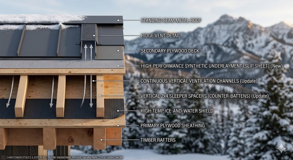 Surgically correct cold-roof cross-section for a Park City, UT 84060 estate by Christensen Stucco & Exteriors, featuring vertical sleepers, high-temp ice & water shield, and a synthetic slip-sheet for total ice dam prevention.