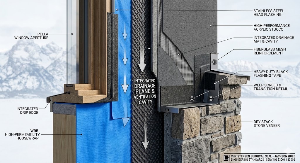 Surgically correct "Teton-Grade" technical cross-section of a stucco-to-stone-to-Pella window transition in Jackson Hole, WY 83001 by Christensen Stucco & Exteriors, featuring integrated drainage mat and triple-redundant flashings for forensic moisture management.