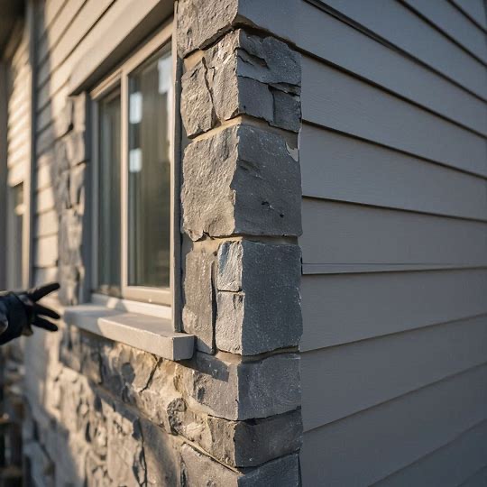Contemporary stone-to-Hardie siding transitions and window seals in Eagle, ID 83616.