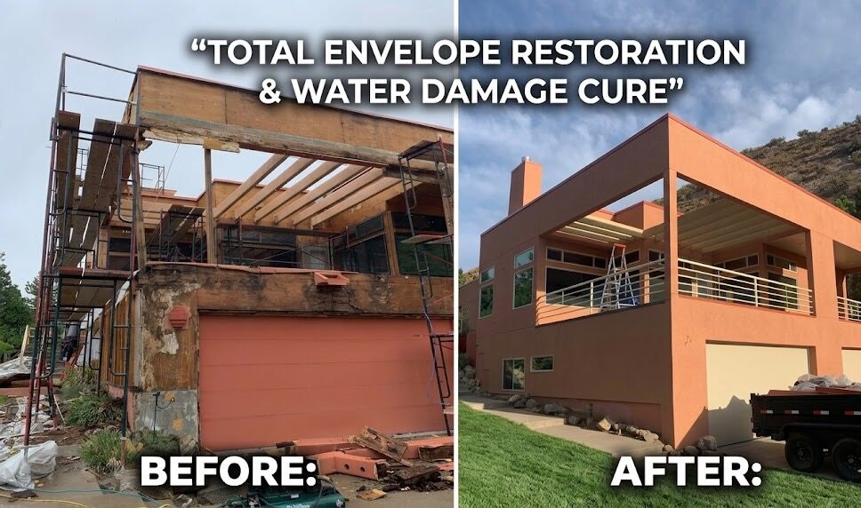 Surgical before and after of a structural rot repair on a Utah home. The left side shows exposed, rotted OSB sheathing and framing failure; the right side shows the same wall successfully restored with a clean, modern white acrylic stucco finish.