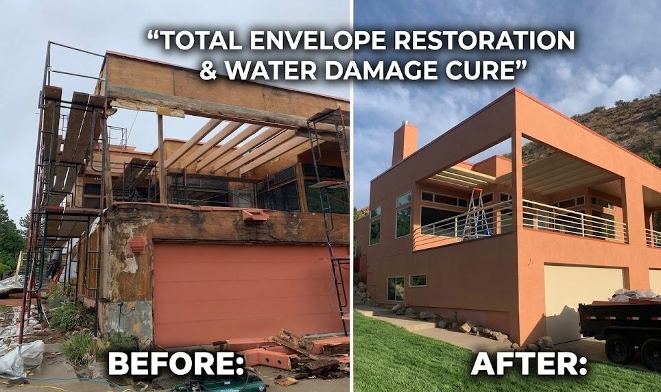 Surgical before and after comparison of a total exterior reconstruction in Utah. The 'Before' side exposes hidden structural rot and framing failure beneath a failing stucco envelope, while the 'After' side reveals a seamless, modern EIFS system finish and a completed, water-tight cure for years of water damage.