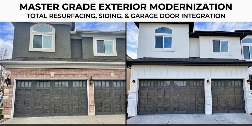 Finished wide-angle exterior modernization in Utah featuring high-reflectivity white acrylic stucco, surgically painted white brick, and modern black James Hardie accents with dark wood-style garage doors.