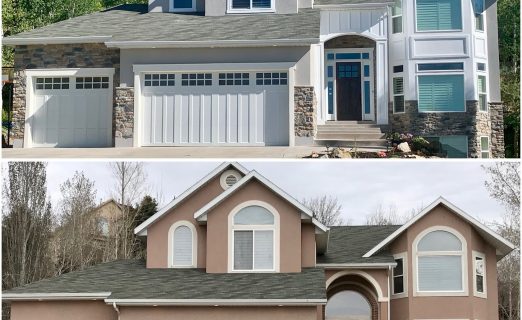 Before and after of a luxury exterior home remodel in North Salt Lake City, Utah, featuring master-grade white stucco and modern dark window integration by Christensen Exteriors.